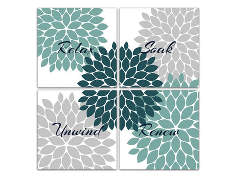 Teal & Gray Flower Burst Square Bathroom 4pc Wall Art - "Relax Soak Unwind Renew" - BATH75