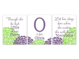 Custom Nursery Quote Art PRINTS or CANVAS, Let Her Sleep, She Is Fierce, Purple and Green Nursery CANVAS Wall Art, Nursery Decor - KIDS176