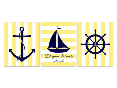 Navy and Yellow Nautical Nursery Wall Decor, Let Your Dreams Set Sail CANVAS, Nursery Decor, Nautical Wall Art, Nursery Quote - KIDS179