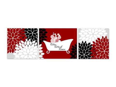 Red, Black & Gray Flower Burst with Clawfoot Bathtub 3pc Bathroom Art "Relax Refresh Renew" - BATH85