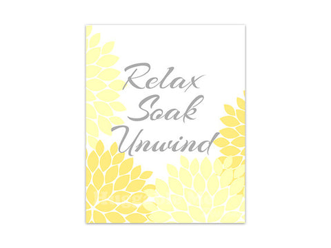 Yellow, Gray and White Flower Burst Bathroom Wall Art "Relax Soak Unwind" - BATH86