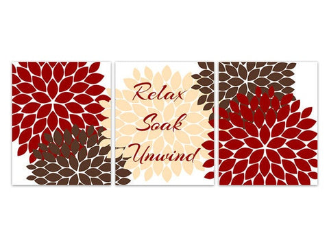Bathroom CANVAS Wall Art, Relax Soak Unwind, Red and Brown Bathroom Decor, Modern Bathroom Art, Set of 3 Red Brown Bath Art Prints - BATH88