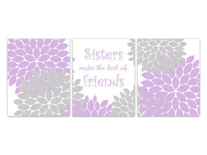 Purple & Gray Floral Sisters 3pc Wall Art "Sisters Make The Best of Friends" - KIDS183