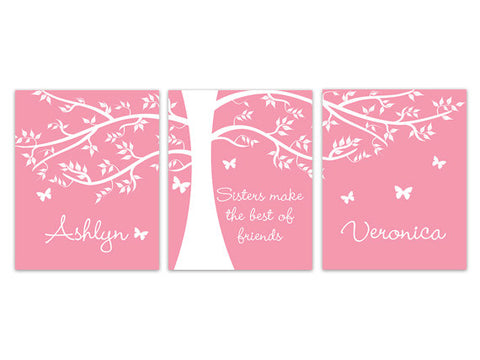Personalized Pink & White Tree Sisters 3pc Wall Art "Sisters Make The Best of Friends" - KIDS188