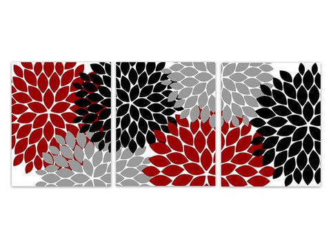 CANVAS Wall Art PRINTS, Home Decor Wall Art, Red Gray and Black Flower Burst Art, Bathroom Wall Decor, Red Bedroom Wall Art - HOME125