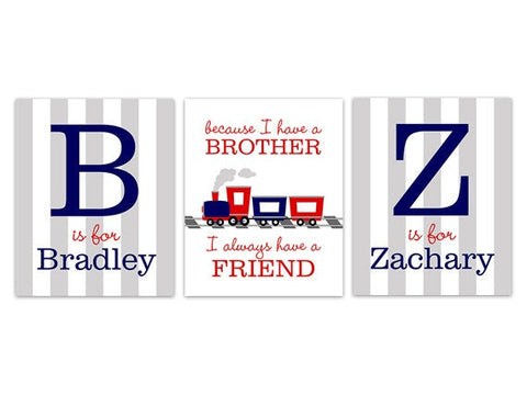 Personalized Choo Choo Train Brothers 3pc Art "Because I Have a Brother, I Always Have a Friend" - KIDS193