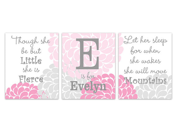 Nursery Quote Art CANVAS, Let Her Sleep, She Will Move Mountains, Girl Monogram, Nursery Wall Art, Pink and Grey Nursery Wall Art - KIDS194