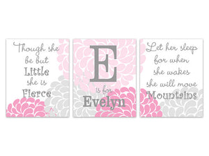 Nursery Quote Art CANVAS, Let Her Sleep, She Will Move Mountains, Girl Monogram, Nursery Wall Art, Pink and Grey Nursery Wall Art - KIDS194