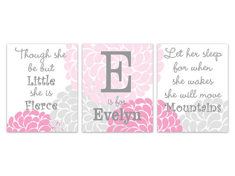 Nursery Quote Art CANVAS, Let Her Sleep, She Will Move Mountains, Girl Monogram, Nursery Wall Art, Pink and Grey Nursery Wall Art - KIDS194