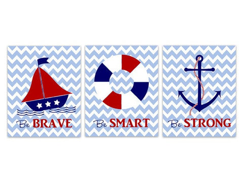 Nautical Nursery CANVAS or PRINTS, Red White Blue Chevron Nursery, Nautical Decor, Be Strong, Be Brave, Sailboat Anchor Artwork - KIDS190