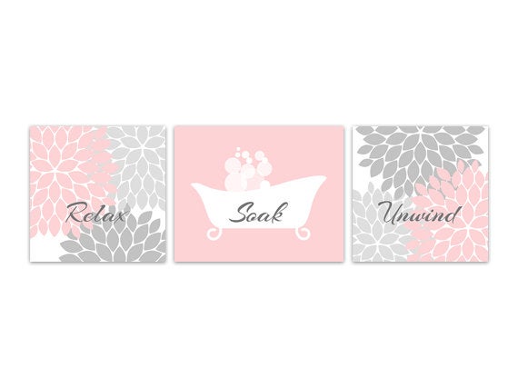 Pink & Gray Flower Burst with Clawfoot Bathtub 3pc Bathroom Art "Relax Soak Unwind" - BATH96