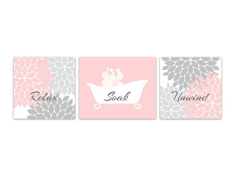 Pink & Gray Flower Burst with Clawfoot Bathtub 3pc Bathroom Art "Relax Soak Unwind" - BATH96