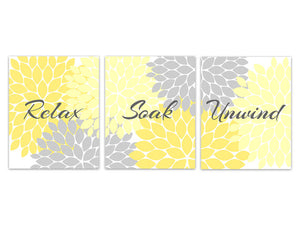 Bathroom Wall Art CANVAS, Relax Soak Unwind, Yellow and Grey Bathroom Decor, Modern Bathroom Art, Home Decor, House Warming Gift - BATH90