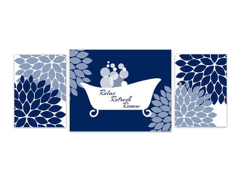 Shades of Blue Flower Burst Bathroom 3pc Art - White Clawfoot Bathtub "Relax Refresh Renew" - BATH95