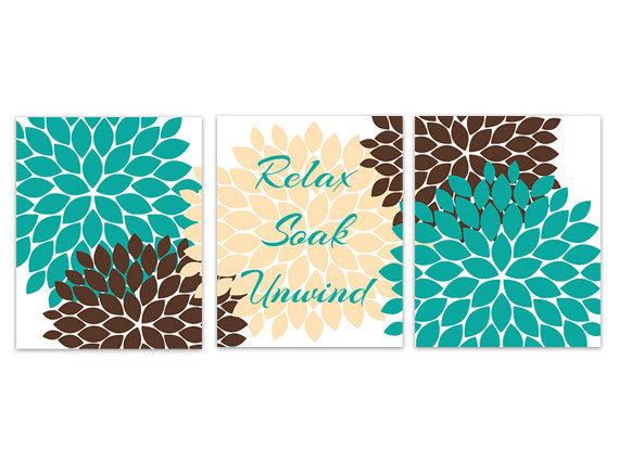 Bathroom CANVAS Wall Art, Relax Soak Unwind, Aqua and Brown Bathroom Decor, Modern Bathroom Art, Set of 3 Bath Art Prints - BATH98