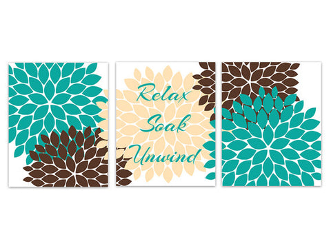Bathroom CANVAS Wall Art, Relax Soak Unwind, Aqua and Brown Bathroom Decor, Modern Bathroom Art, Set of 3 Bath Art Prints - BATH98