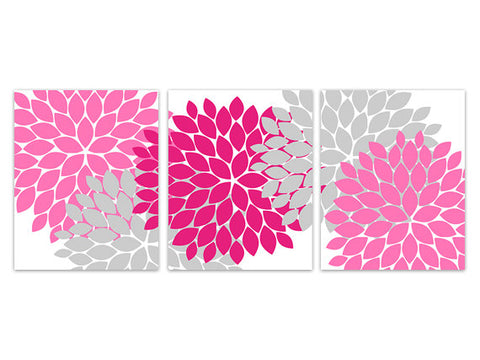 Home Decor CANVAS Art, Pink and Grey Flower Burst Art, Grey and Pink Bathroom Wall Decor, Pink Bedroom Decor, Nursery Wall Art - HOME136