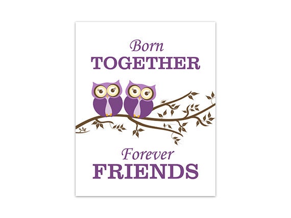 Purple Owls Twin Sisters 1pc Wall Art "Born Together, Forever Friends" - KIDS204
