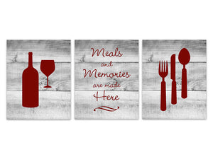 Home Decor Wall Art, Retro Kitchen Art, Wood Effect Fork and Spoon Wall Decor, Wine Glass Art, Red Art Print, Rustic Kitchen Decor - HOME140