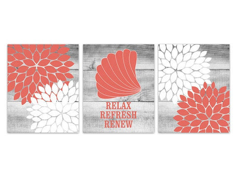 Bathroom CANVAS Wall Art, Relax Soak Unwind PRINTS, Coral Bathroom Decor, Modern Bathroom Art, Set of 3 Bath Art Prints - BATH100