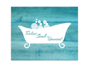 Farmhouse Bathroom Wall Art, Aqua Wood Effect & White Clawfoot Tub "Relax Soak Unwind" - BATH101