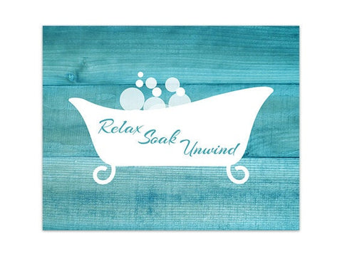 Farmhouse Bathroom Wall Art, Aqua Wood Effect & White Clawfoot Tub "Relax Soak Unwind" - BATH101