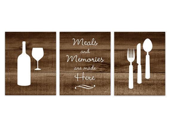 Rustic Kitchen CANVAS or PRINTS, Fork and Spoon Wall Decor, Wine Glass Art, Wood Effect Home Decor Wall Art, Brown Kitchen - HOME148