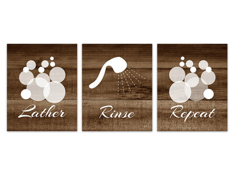 Lather Rinse Repeat CANVAS, Brown and White Bathroom Decor, Bathroom Wall Art, Modern Bathroom Art, Set of 3 Bath Art Prints - BATH108