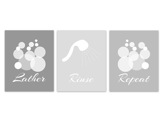Bathroom Wall Art, Lather Rinse Repeat CANVAS or PRINTS, Gray Bathroom Decor, Modern Bathroom Art, Set of 3 Bath Art Prints - BATH109