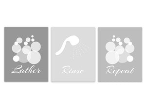 Bathroom Wall Art, Lather Rinse Repeat CANVAS or PRINTS, Gray Bathroom Decor, Modern Bathroom Art, Set of 3 Bath Art Prints - BATH109