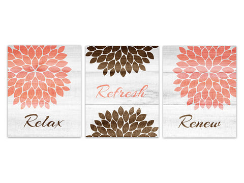 Coral and Brown Bathroom CANVAS, Bathroom Wall Art, Relax Refresh Renew, Flower Bathroom Art Wood Effect, Set of 3 Bath Art Prints - BATH114