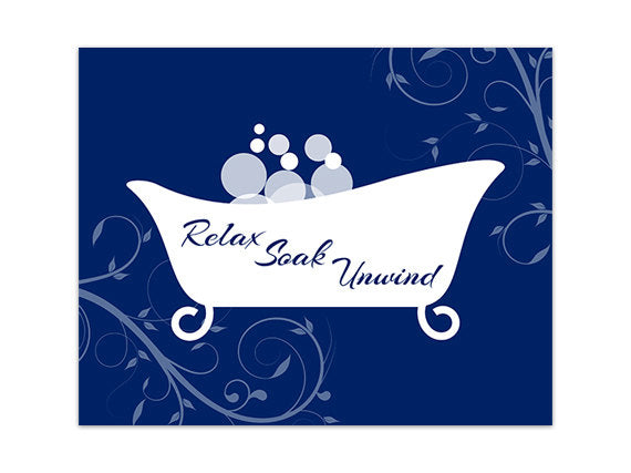 Scroll Bathroom Wall Art - Navy & White Clawfoot Bathtub with Bubbles "Relax Soak Unwind"- BATH115