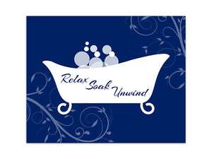Scroll Bathroom Wall Art - Navy & White Clawfoot Bathtub with Bubbles "Relax Soak Unwind"- BATH115