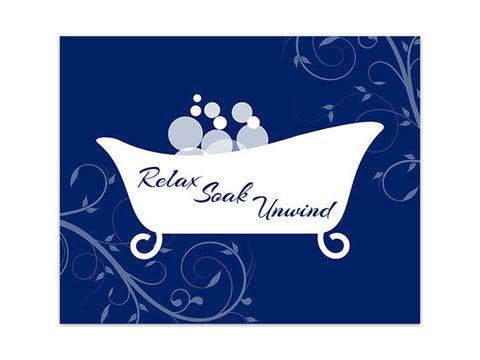 Scroll Bathroom Wall Art - Navy & White Clawfoot Bathtub with Bubbles "Relax Soak Unwind"- BATH115