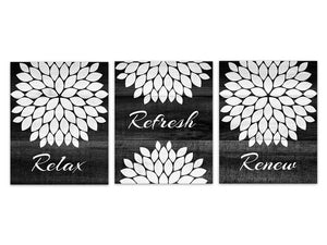 Black and White Bathroom CANVAS Wall Art, Relax Refresh Renew, Flower Bathroom Art Wood Effect, Set of 3 Bath Art Prints - BATH117