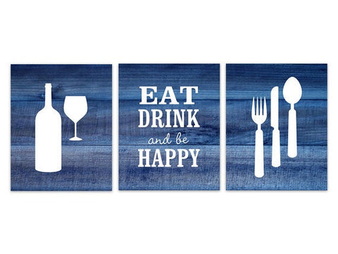 Blue Kitchen Decor, Rustic Kitchen Art, Eat Drink Quote, Fork Spoon Wall Decor, Wine Glass Art, Kitchen CANVAS Wall Art - HOME152