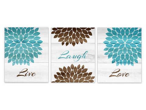 Brown and Aqua Bedroom CANVAS Wall Art, Live Laugh Love PRINT, Home Decor Wall Art, Teal and Brown Flower Burst Bedroom Wall Decor - HOME155
