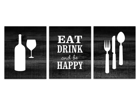 Fork Spoon CANVAS Art, Wine Glass Art, Black Kitchen Decor, Rustic Kitchen Art, Eat Drink Quote, Wood Effect Home Decor Wall Art - HOME156