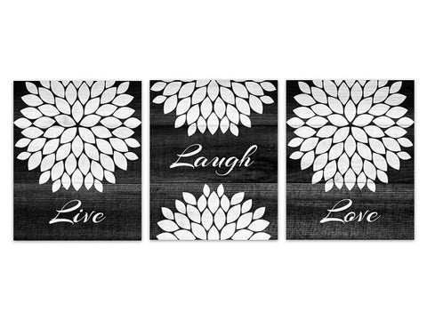 Black White Bedroom CANVAS Wall Art, Live Laugh Love PRINTS, Home Decor Wall Art, Black and White Flower Burst Bedroom Wall Decor - HOME159