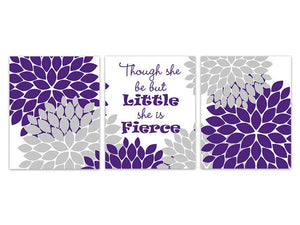 Nursery Wall Art, Though She Be But Little She Is Fierce, Purple and Grey Nursery Art Print, Kids Wall Art, Floral Nursery Art - KIDS213