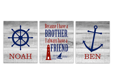 Personalized Nautical Brothers 3pc Art "Because I Have a Brother, I Always Have a Friend" - KIDS214