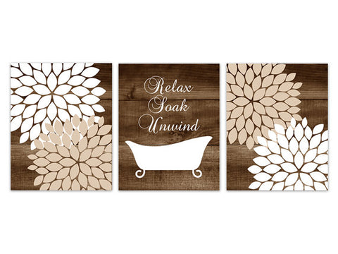 Brown Bathroom Decor CANVAS, Relax Soak Unwind Claw Tub Bath Art, Flower Bathroom Art, Bathroom CANVAS,Wood Effect Bath Prints - BATH120