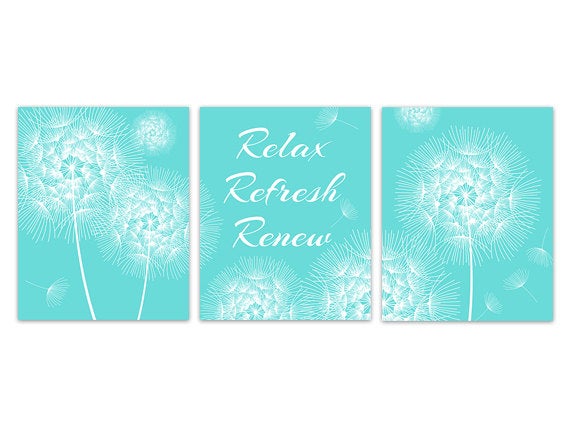 Aqua Dandelion Bathroom Décor, 3pc Bath Wall Art "Relax Refresh Renew" - BATH121