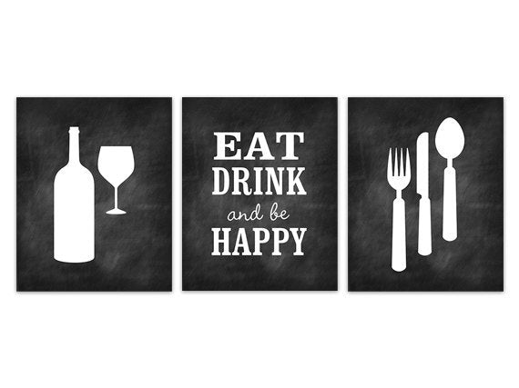 Chalkboard Kitchen CANVAS, Home Decor Wall Art, Fork and Spoon Wall Decor, Wine Glass Art, Eat Drink and be Happy, Kitchen Decor - HOME165