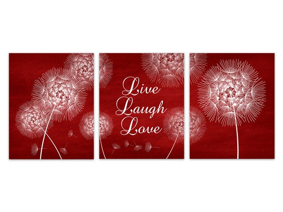 Red Bedroom Wall Art, Home Decor CANVAS Wall Art, Live Laugh Love, Burgundy Wall Art, Dandelion Flower Bathroom Wall Decor - HOME175