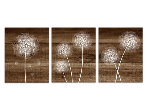 Rustic Home Decor CANVAS, White Dandelion Art, Bathroom Wall Decor, Brown Wood Effect Dandelion Bedroom Decor, Nursery Wall Art - HOME178