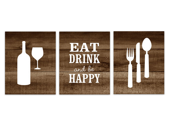 Brown Kitchen Decor, Rustic Kitchen Art, Eat Drink Quote, Fork Spoon Wall Decor, Wine Glass Art, Wood Effect Home Decor Wall Art - HOME183