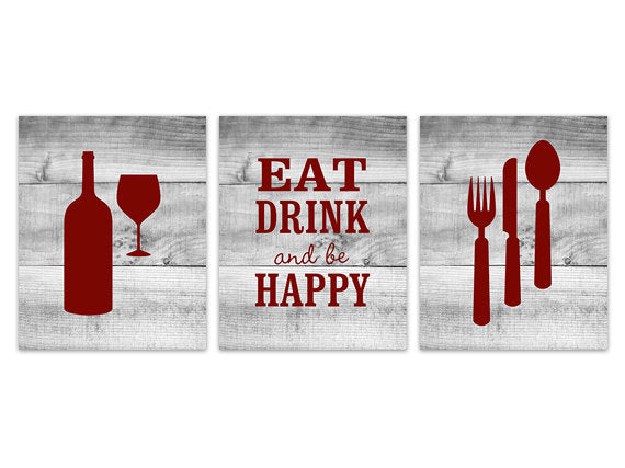 Eat Drink Quote, Red Kitchen CANVAS, Rustic Kitchen Art, Fork Spoon Wall Decor, Wine Glass Art, Wood Effect Home Decor Wall Art - HOME185